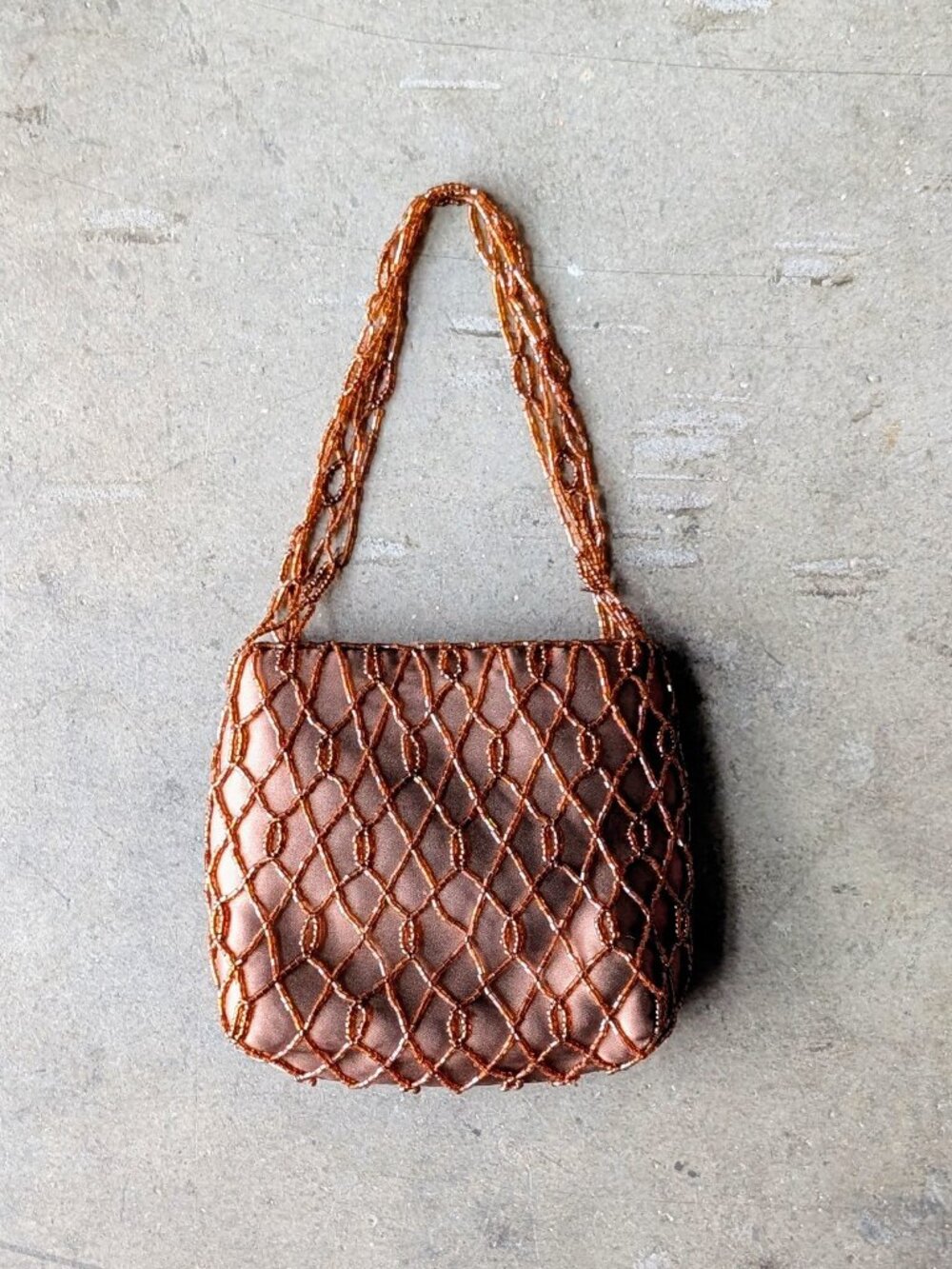 Vintage La Regale Brown Beaded Lattice Mini Bag Handbag with Shoulder Strap